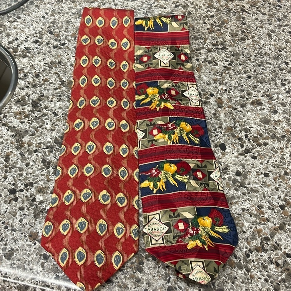 Two men silk ties one‎ Tabasco brand one Guest brand both 100% silk